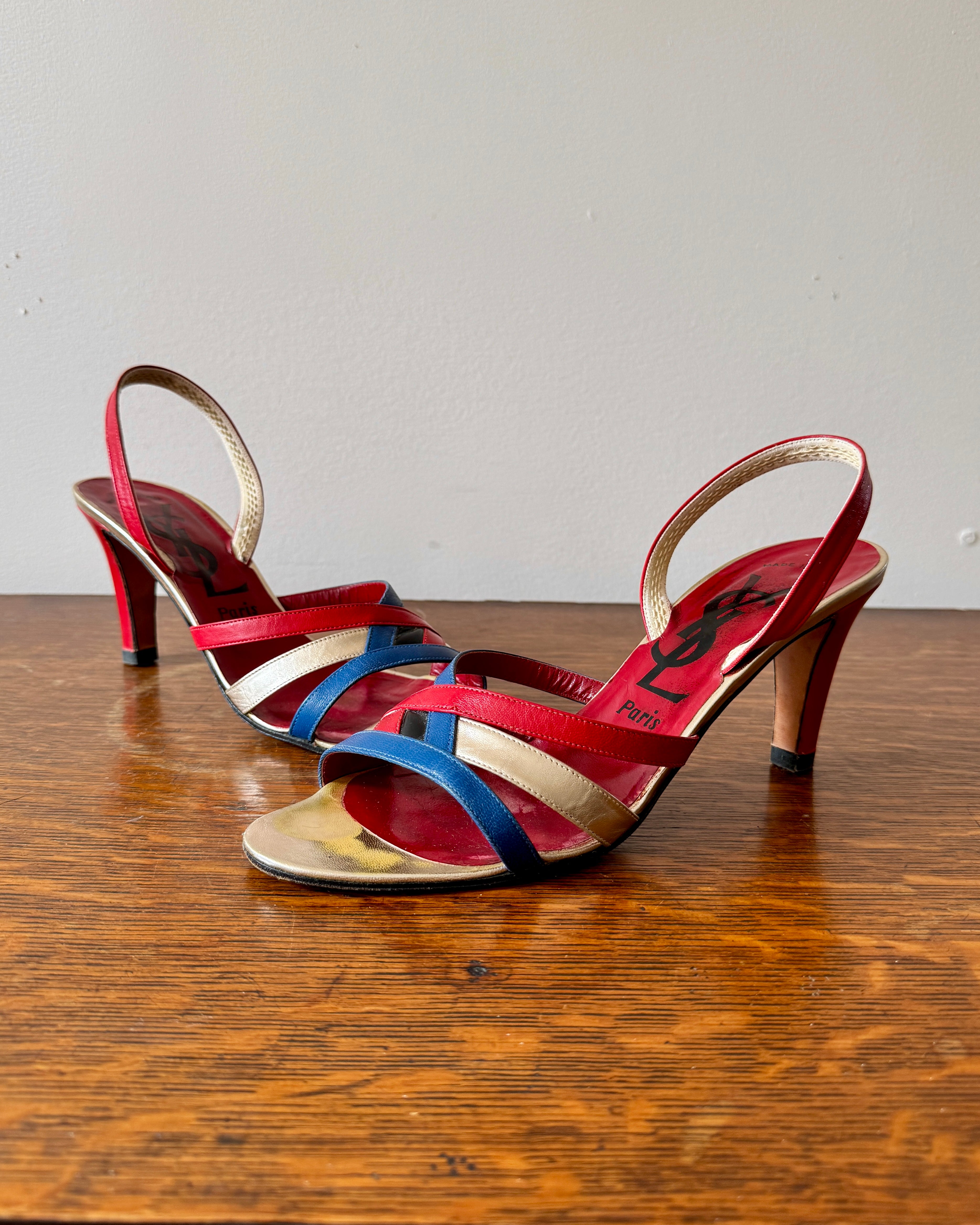 Vintage 1970s YSL Yves Saint Laurent Leather Red Blue and Gold High Heel Sling Back Sandals Shoes Made In Italy Size 8.5