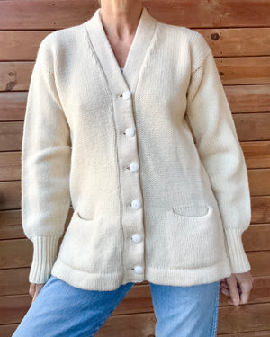 Vintage 1950s 1960s Cream Wool Letterman Varsity College Cardigan Sweater Jacket