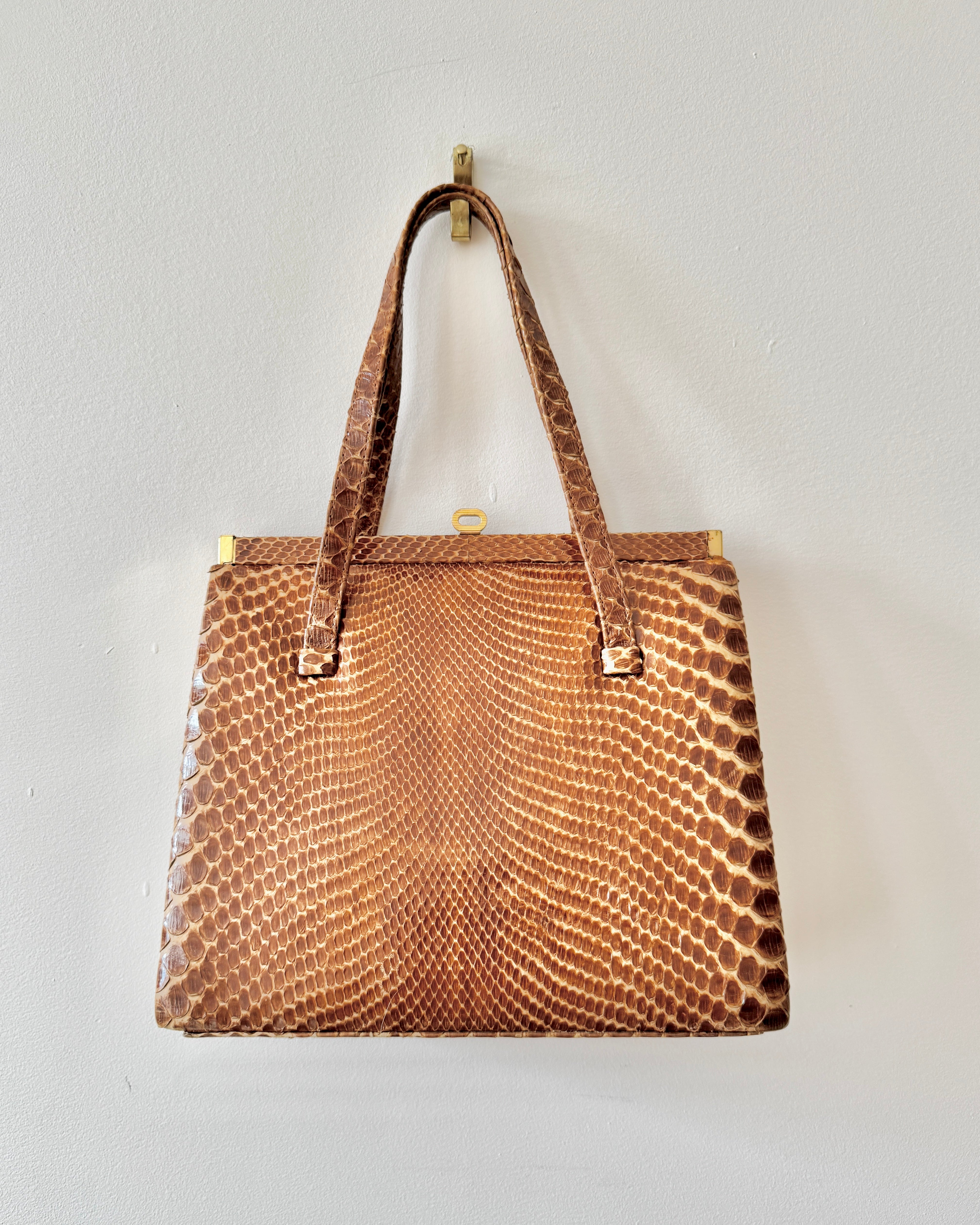 Vintage Mid Century 1950s 1960s NEW CONDITION Snake Skin Tan Lady Double Strap Handle Bag with Gold Tone Metal Frame and Clasp