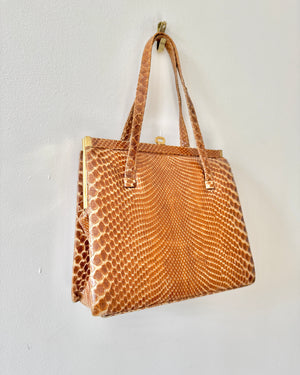 Vintage Mid Century 1950s 1960s NEW CONDITION Snake Skin Tan Lady Double Strap Handle Bag with Gold Tone Metal Frame and Clasp