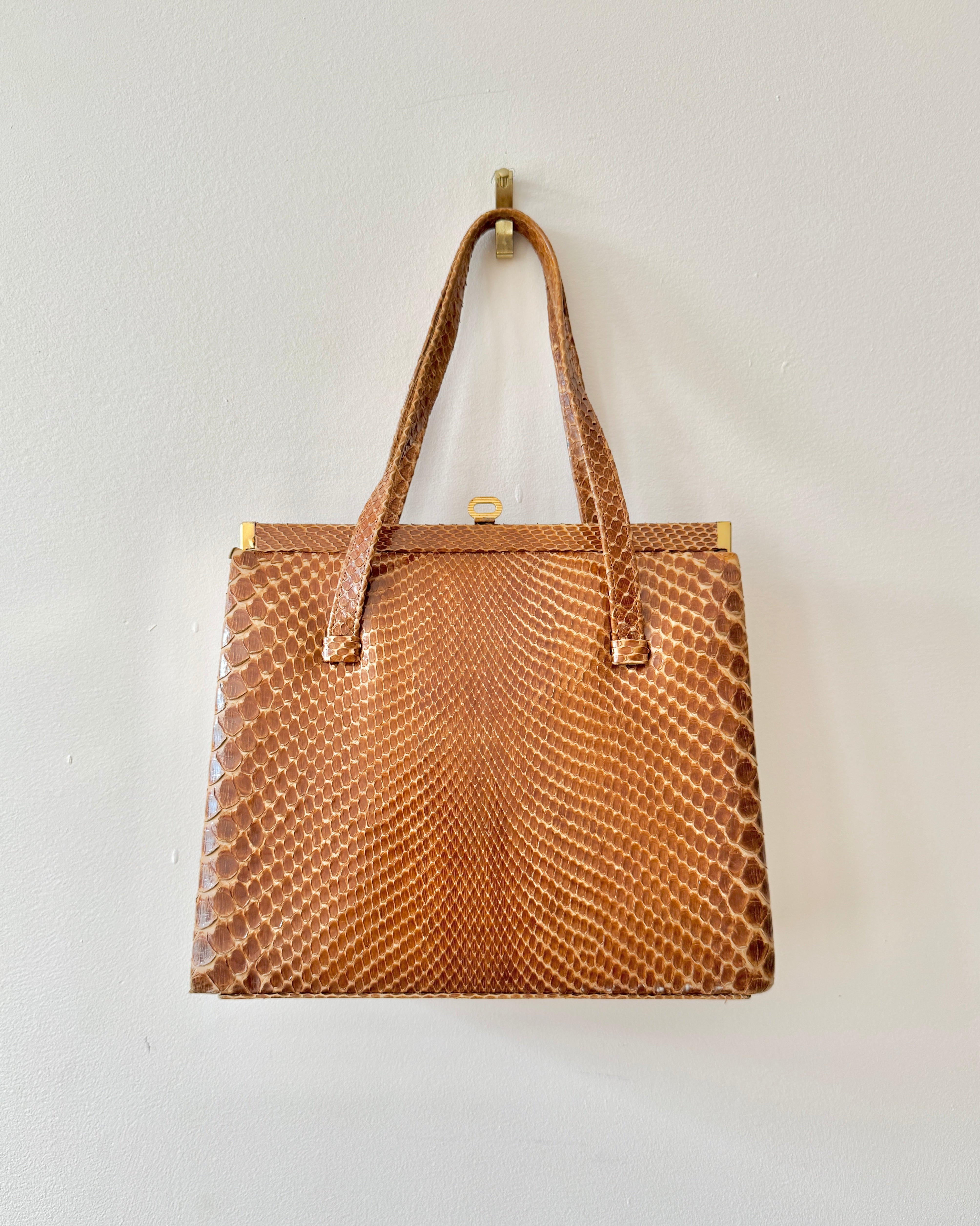 Vintage Mid Century 1950s 1960s NEW CONDITION Snake Skin Tan Lady Double Strap Handle Bag with Gold Tone Metal Frame and Clasp