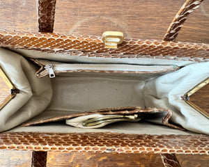 Vintage Mid Century 1950s 1960s NEW CONDITION Snake Skin Tan Lady Double Strap Handle Bag with Gold Tone Metal Frame and Clasp