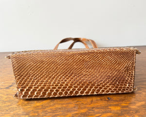 Vintage Mid Century 1950s 1960s NEW CONDITION Snake Skin Tan Lady Double Strap Handle Bag with Gold Tone Metal Frame and Clasp