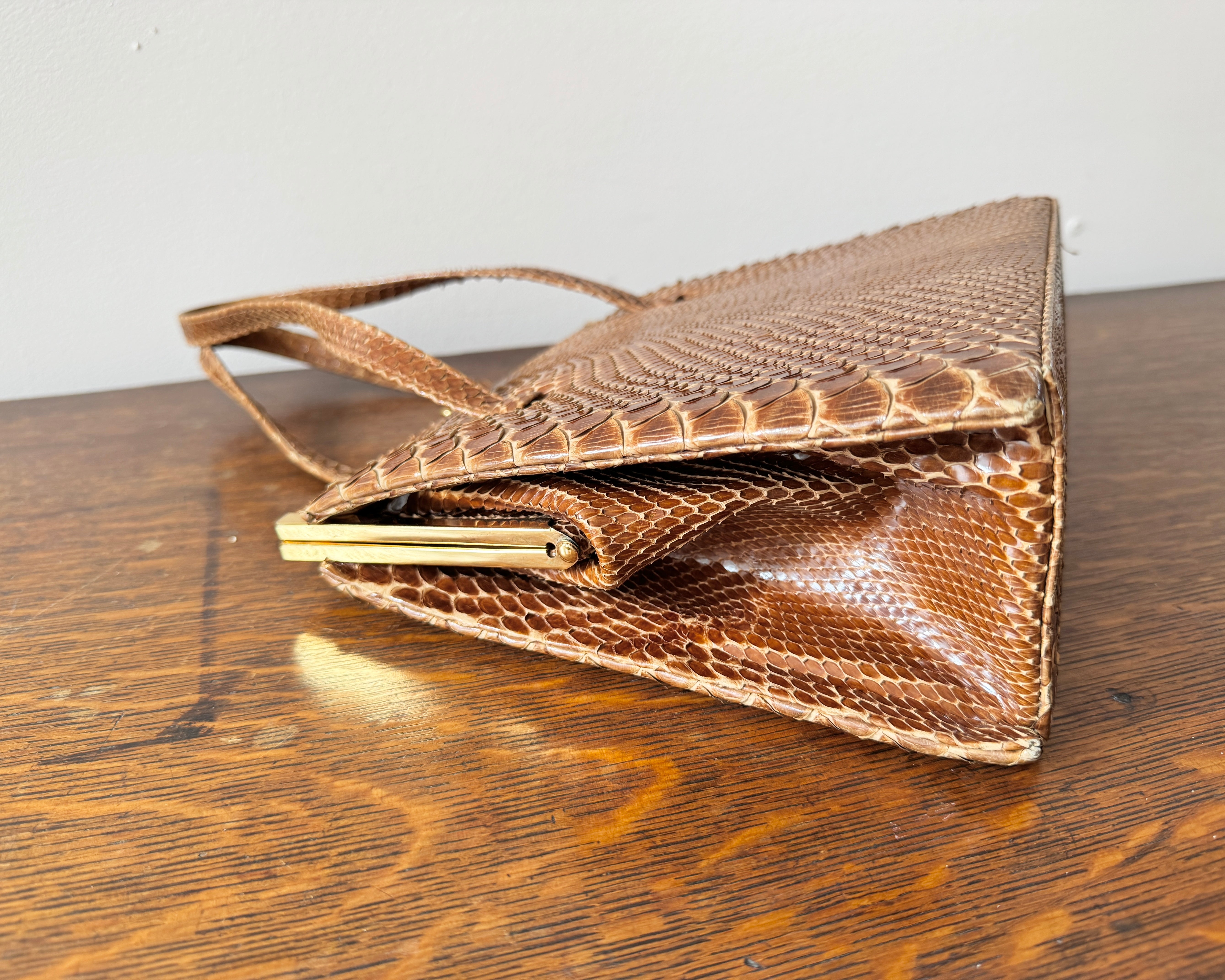 Vintage Mid Century 1950s 1960s NEW CONDITION Snake Skin Tan Lady Double Strap Handle Bag with Gold Tone Metal Frame and Clasp