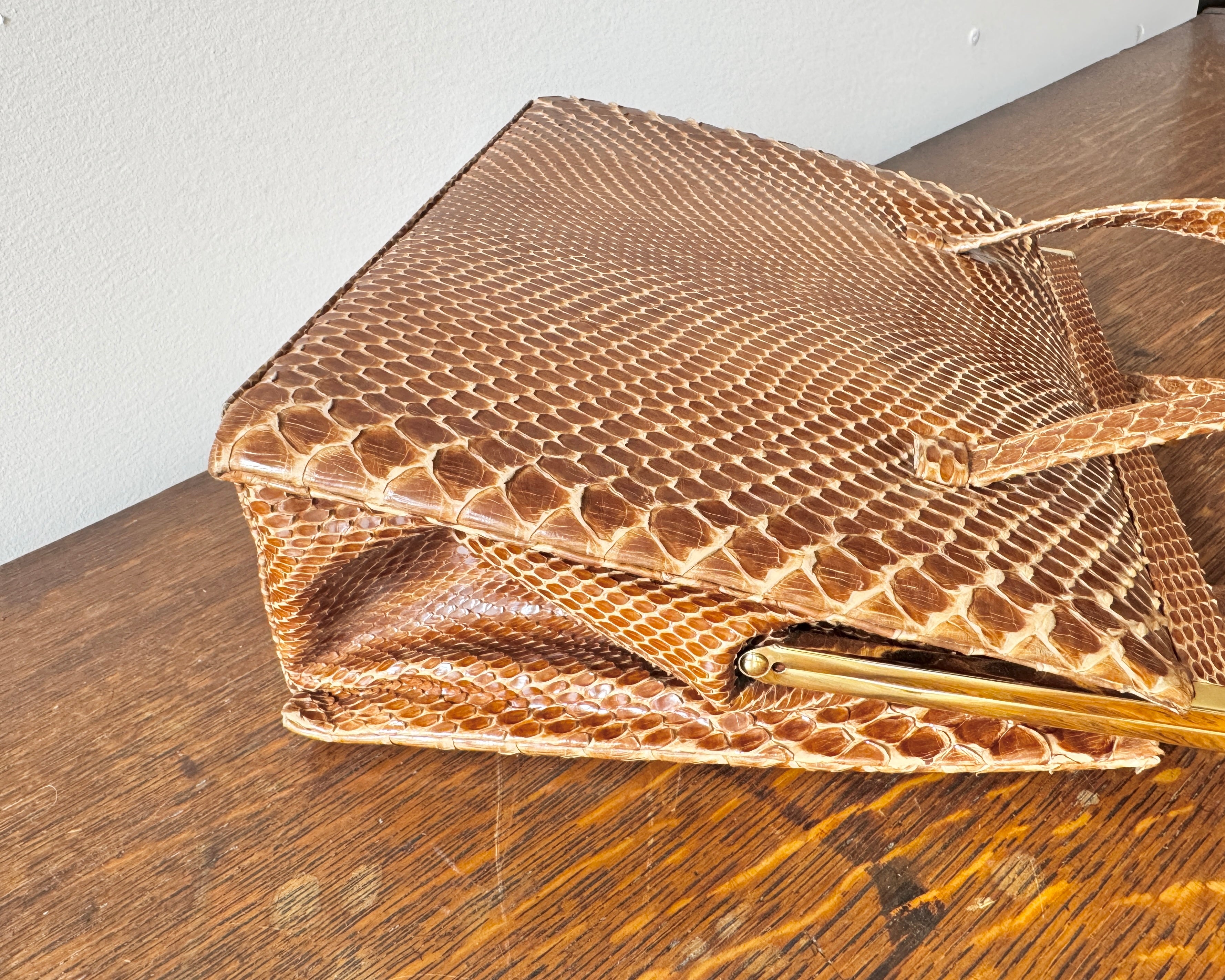 Vintage Mid Century 1950s 1960s NEW CONDITION Snake Skin Tan Lady Double Strap Handle Bag with Gold Tone Metal Frame and Clasp