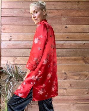 Vintage 1960s PEONY Red and Black Brocade Satin Jacket Coat Tunic and Pant Pyjama Lounge Set Size 6