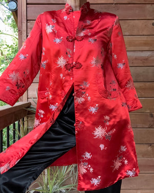 Vintage 1960s PEONY Red and Black Brocade Satin Jacket Coat Tunic and Pant Pyjama Lounge Set Size 6