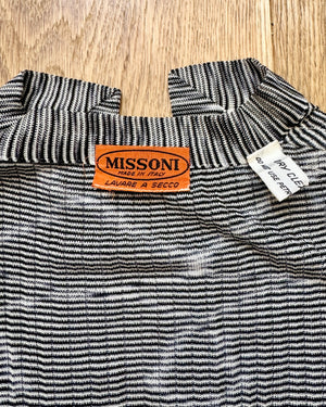 Vintage 1970s MISSONI Black and White Space Dye Knit Jersey Cap Sleeve Top Henley Made in Italy M