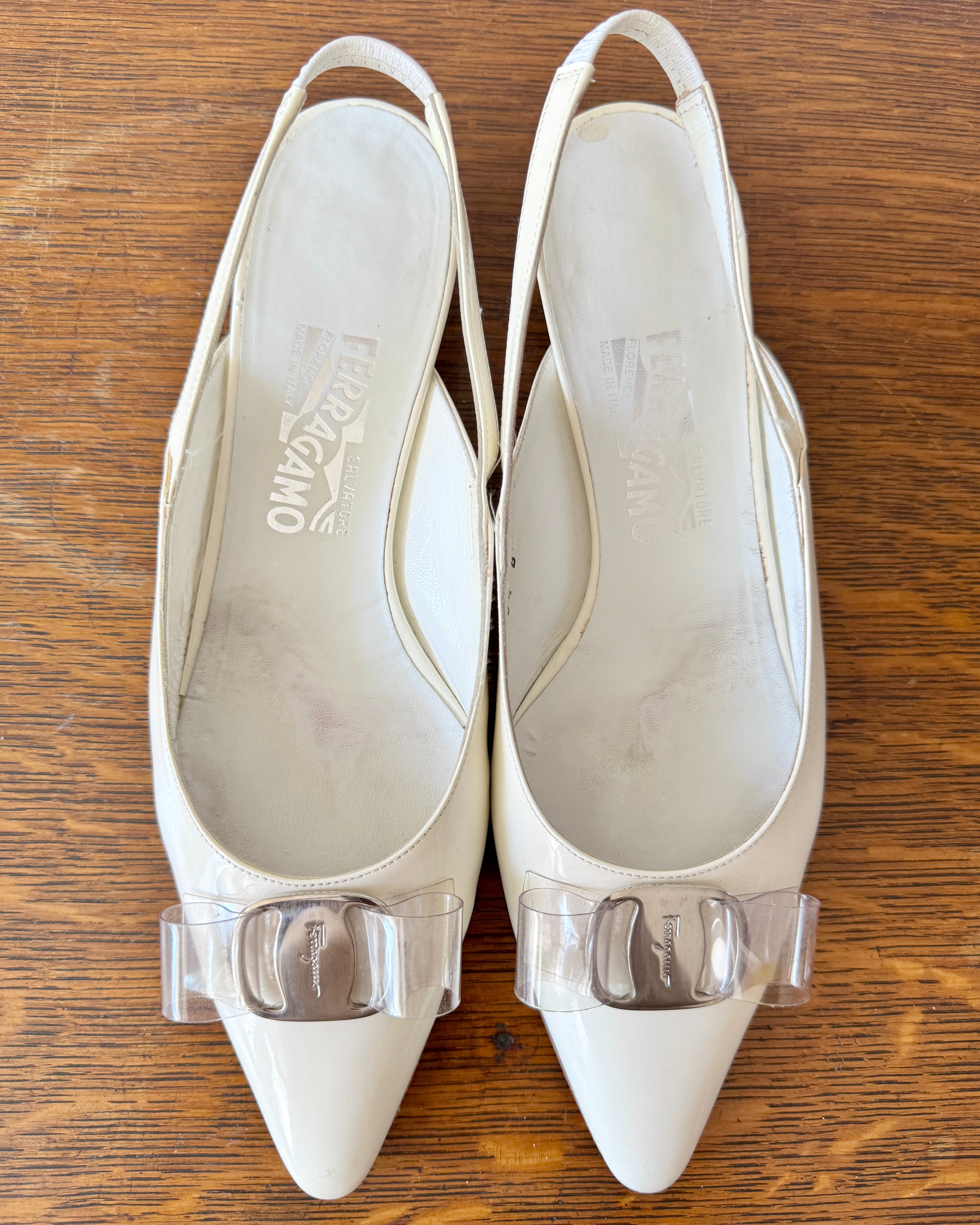 Size 8 1/2 B  / Vintage 1990s SALVATORE FERRAGAMO White Patent Leather Pointed Toe Sling Back Pumps with Plastic Bow and Silver Tone Buckle