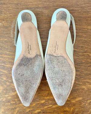 Size 8 1/2 B  / Vintage 1990s SALVATORE FERRAGAMO White Patent Leather Pointed Toe Sling Back Pumps with Plastic Bow and Silver Tone Buckle