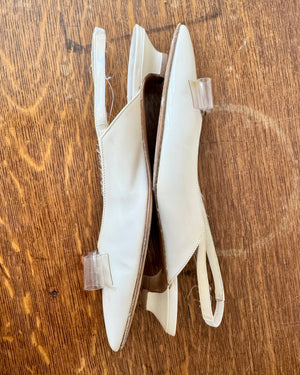 Size 8 1/2 B  / Vintage 1990s SALVATORE FERRAGAMO White Patent Leather Pointed Toe Sling Back Pumps with Plastic Bow and Silver Tone Buckle