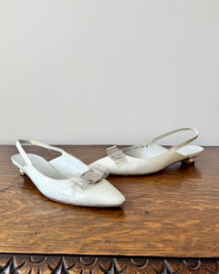 Size 8 1/2 B  / Vintage 1990s SALVATORE FERRAGAMO White Patent Leather Pointed Toe Sling Back Pumps with Plastic Bow and Silver Tone Buckle