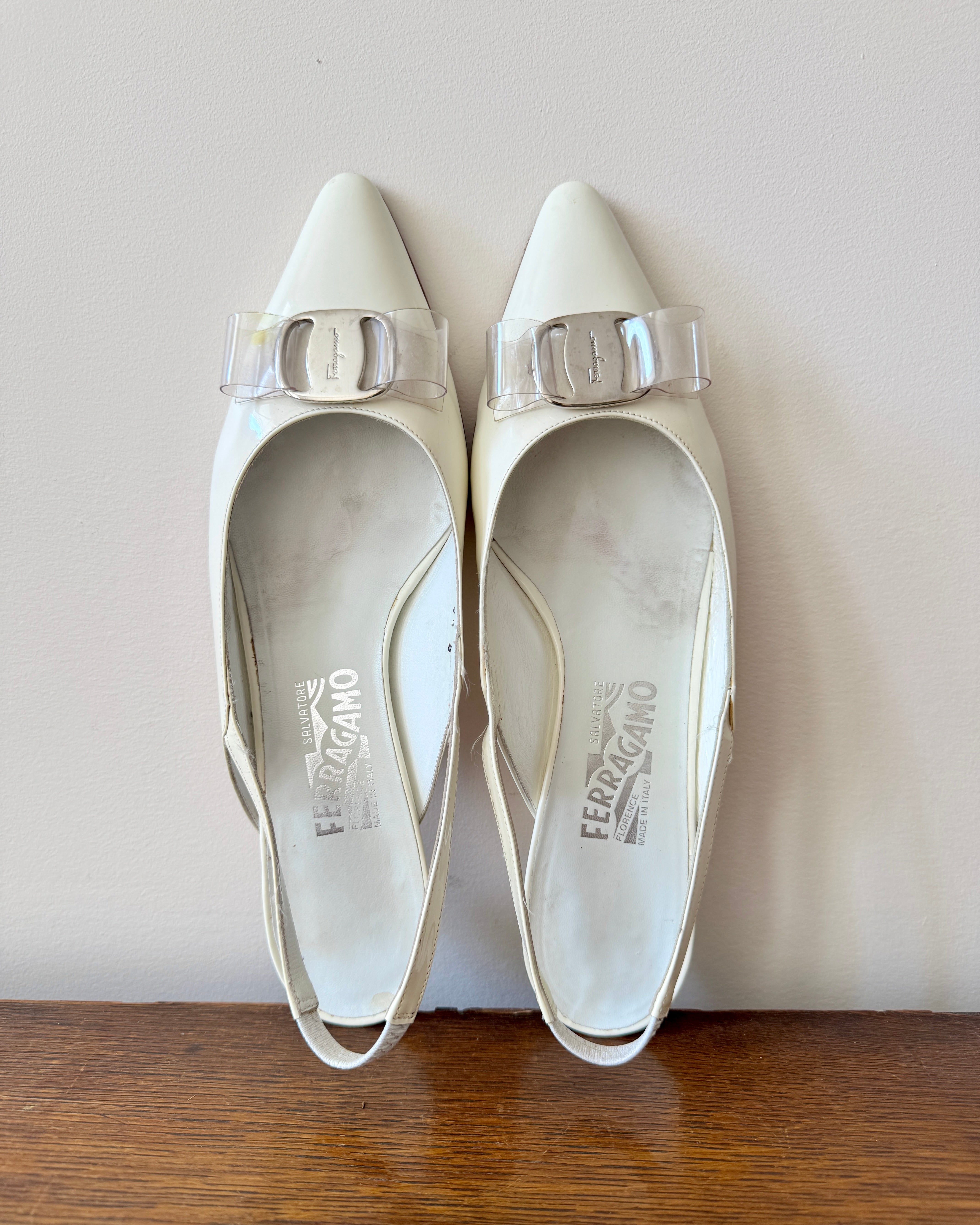 Size 8 1/2 B  / Vintage 1990s SALVATORE FERRAGAMO White Patent Leather Pointed Toe Sling Back Pumps with Plastic Bow and Silver Tone Buckle