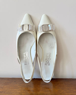Size 8 1/2 B  / Vintage 1990s SALVATORE FERRAGAMO White Patent Leather Pointed Toe Sling Back Pumps with Plastic Bow and Silver Tone Buckle