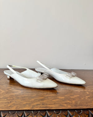 Size 8 1/2 B  / Vintage 1990s SALVATORE FERRAGAMO White Patent Leather Pointed Toe Sling Back Pumps with Plastic Bow and Silver Tone Buckle