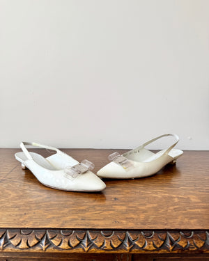 Size 8 1/2 B  / Vintage 1990s SALVATORE FERRAGAMO White Patent Leather Pointed Toe Sling Back Pumps with Plastic Bow and Silver Tone Buckle