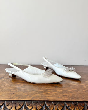 Size 8 1/2 B  / Vintage 1990s SALVATORE FERRAGAMO White Patent Leather Pointed Toe Sling Back Pumps with Plastic Bow and Silver Tone Buckle