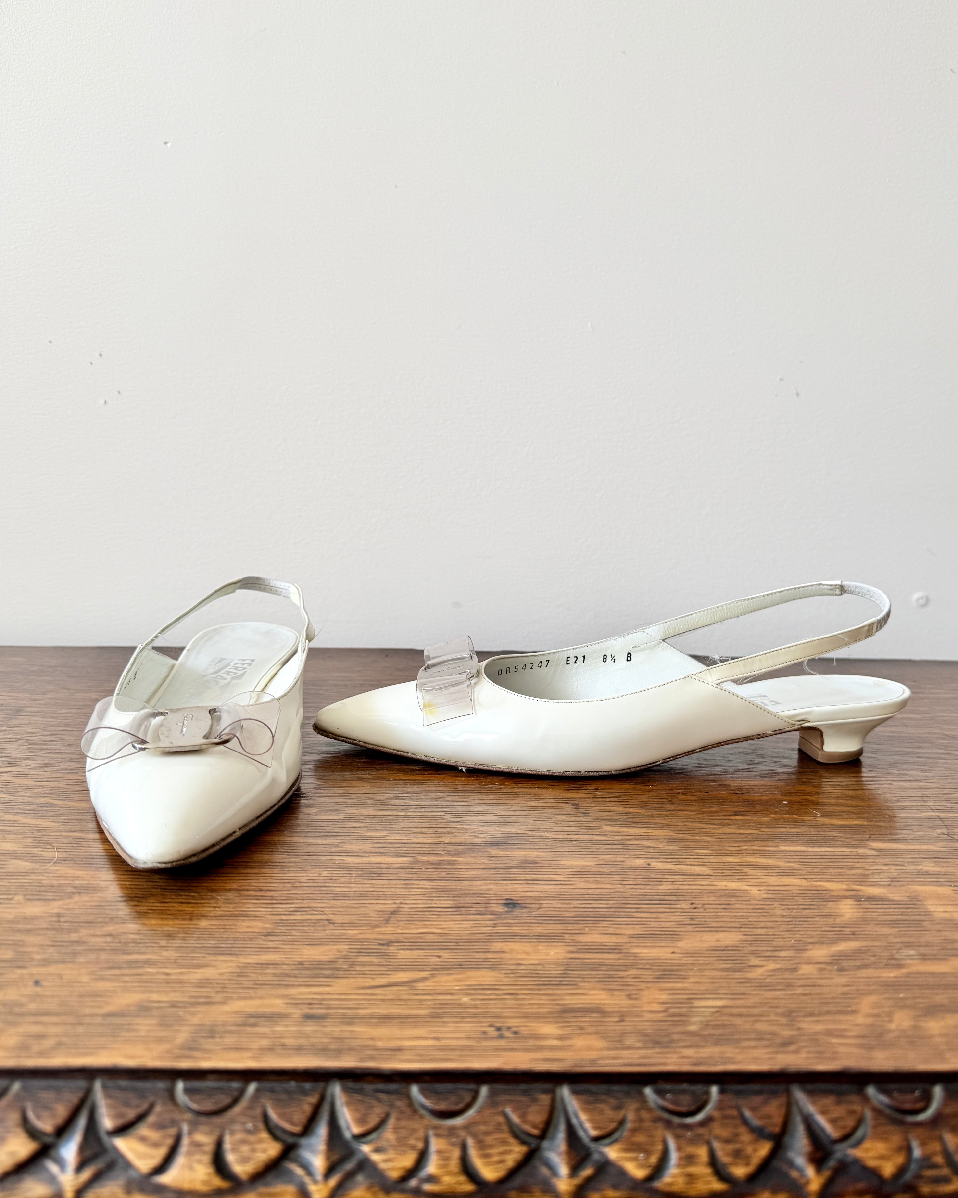 Size 8 1/2 B  / Vintage 1990s SALVATORE FERRAGAMO White Patent Leather Pointed Toe Sling Back Pumps with Plastic Bow and Silver Tone Buckle