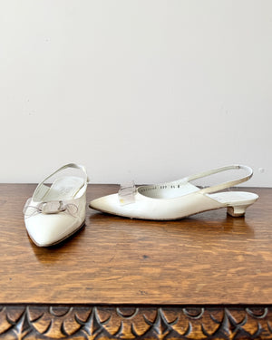 Size 8 1/2 B  / Vintage 1990s SALVATORE FERRAGAMO White Patent Leather Pointed Toe Sling Back Pumps with Plastic Bow and Silver Tone Buckle