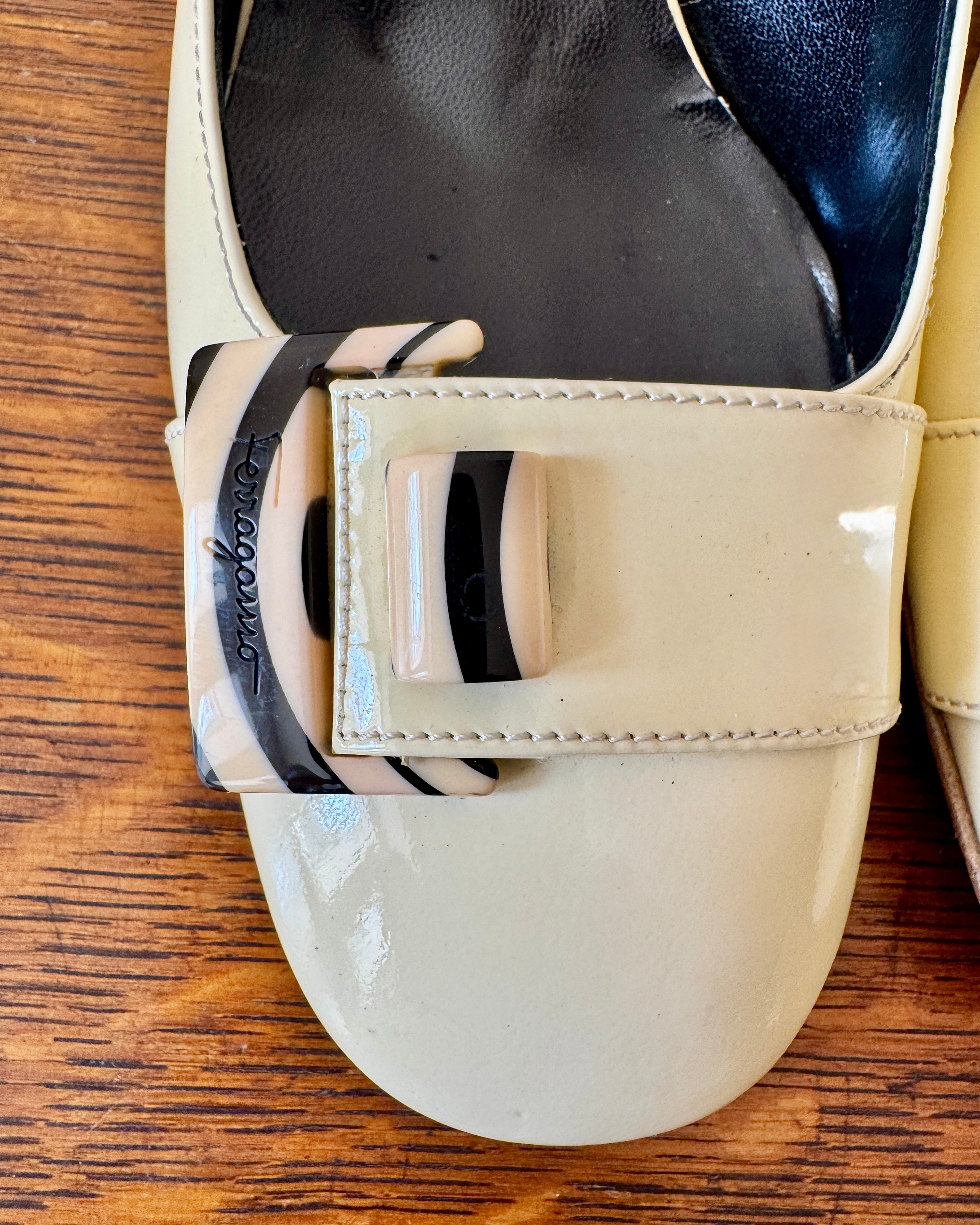 Vintage 1990s SALVATORE FERRAGAMO Cream Patent Leather Round Toe Sling Back Heels Shoes with Belt Buckle Size 8.5 B