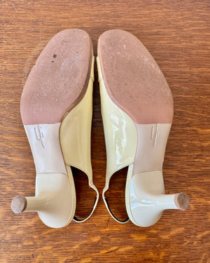 Vintage 1990s SALVATORE FERRAGAMO Cream Patent Leather Round Toe Sling Back Heels Shoes with Belt Buckle Size 8.5 B