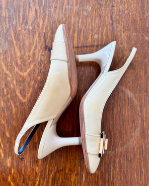 Vintage 1990s SALVATORE FERRAGAMO Cream Patent Leather Round Toe Sling Back Heels Shoes with Belt Buckle Size 8.5 B