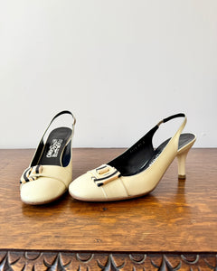 Vintage 1990s SALVATORE FERRAGAMO Cream Patent Leather Round Toe Sling Back Heels Shoes with Belt Buckle Size 8.5 B