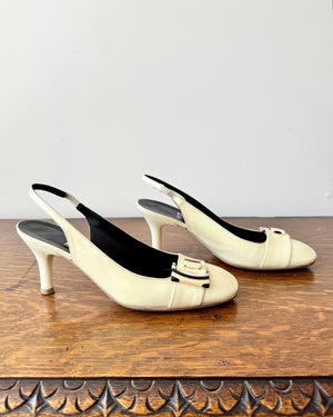 Vintage 1990s SALVATORE FERRAGAMO Cream Patent Leather Round Toe Sling Back Heels Shoes with Belt Buckle Size 8.5 B
