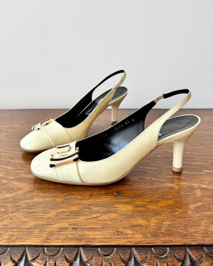 Vintage 1990s SALVATORE FERRAGAMO Cream Patent Leather Round Toe Sling Back Heels Shoes with Belt Buckle Size 8.5 B