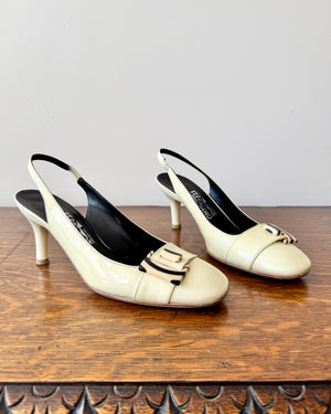 Vintage 1990s SALVATORE FERRAGAMO Cream Patent Leather Round Toe Sling Back Heels Shoes with Belt Buckle Size 8.5 B