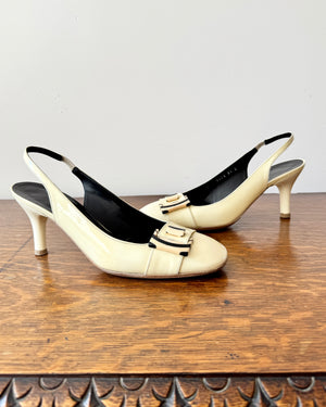 Vintage 1990s SALVATORE FERRAGAMO Cream Patent Leather Round Toe Sling Back Heels Shoes with Belt Buckle Size 8.5 B