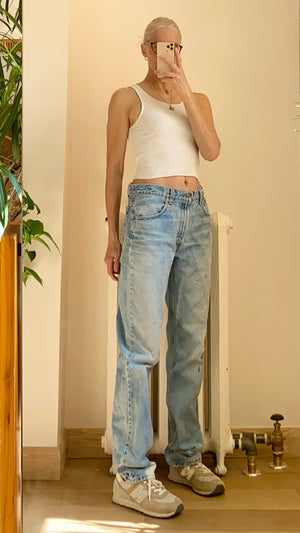 Vintage 1990s Levis 516 Distressed Red Tab Jeans Slim Fit Straight Stove Pipe Leg Light Wash size 33