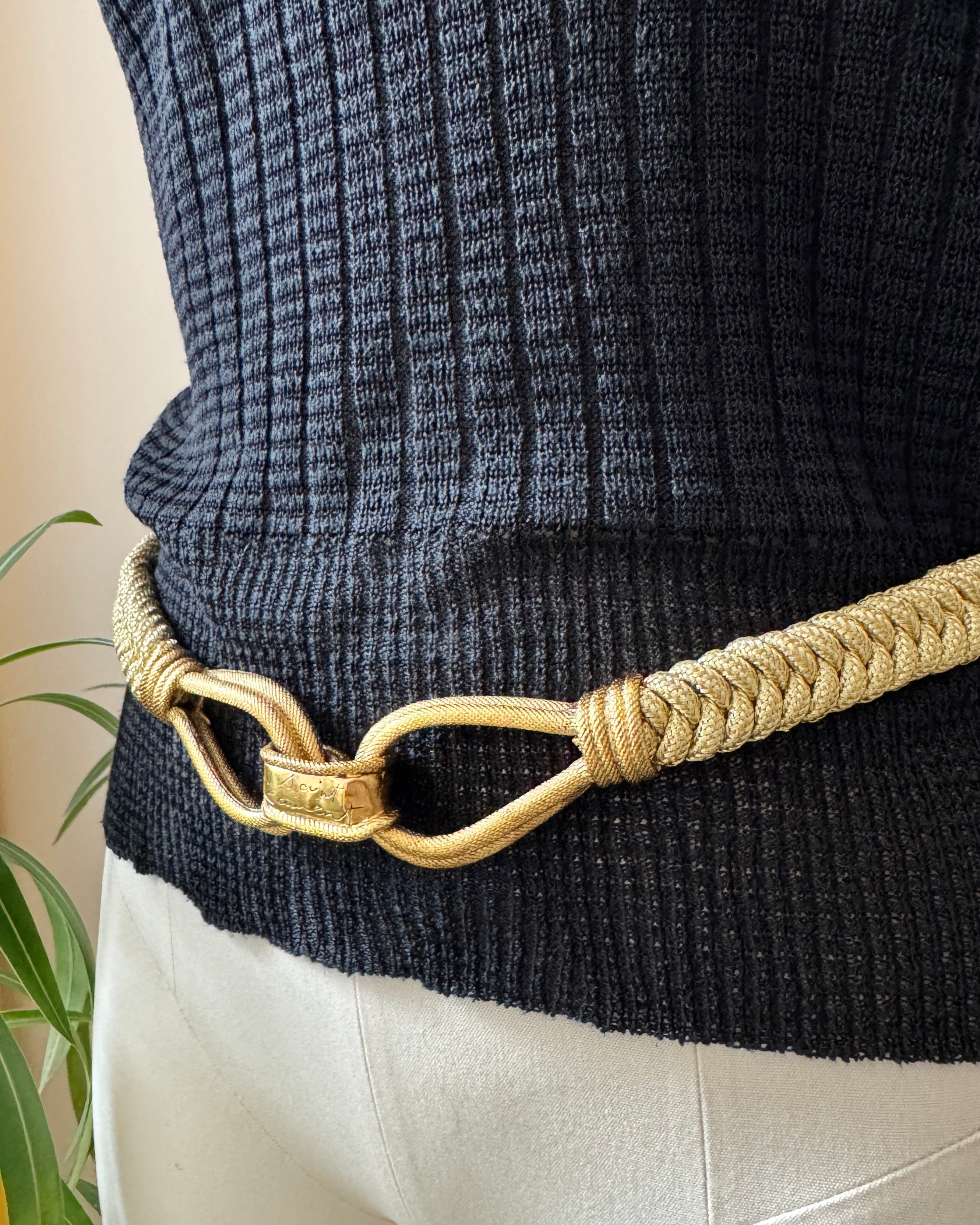Vintage 1980s YSL Yves Saint Laurent Gold Braided Belt with Signed Metal Loop Buckle Made in France