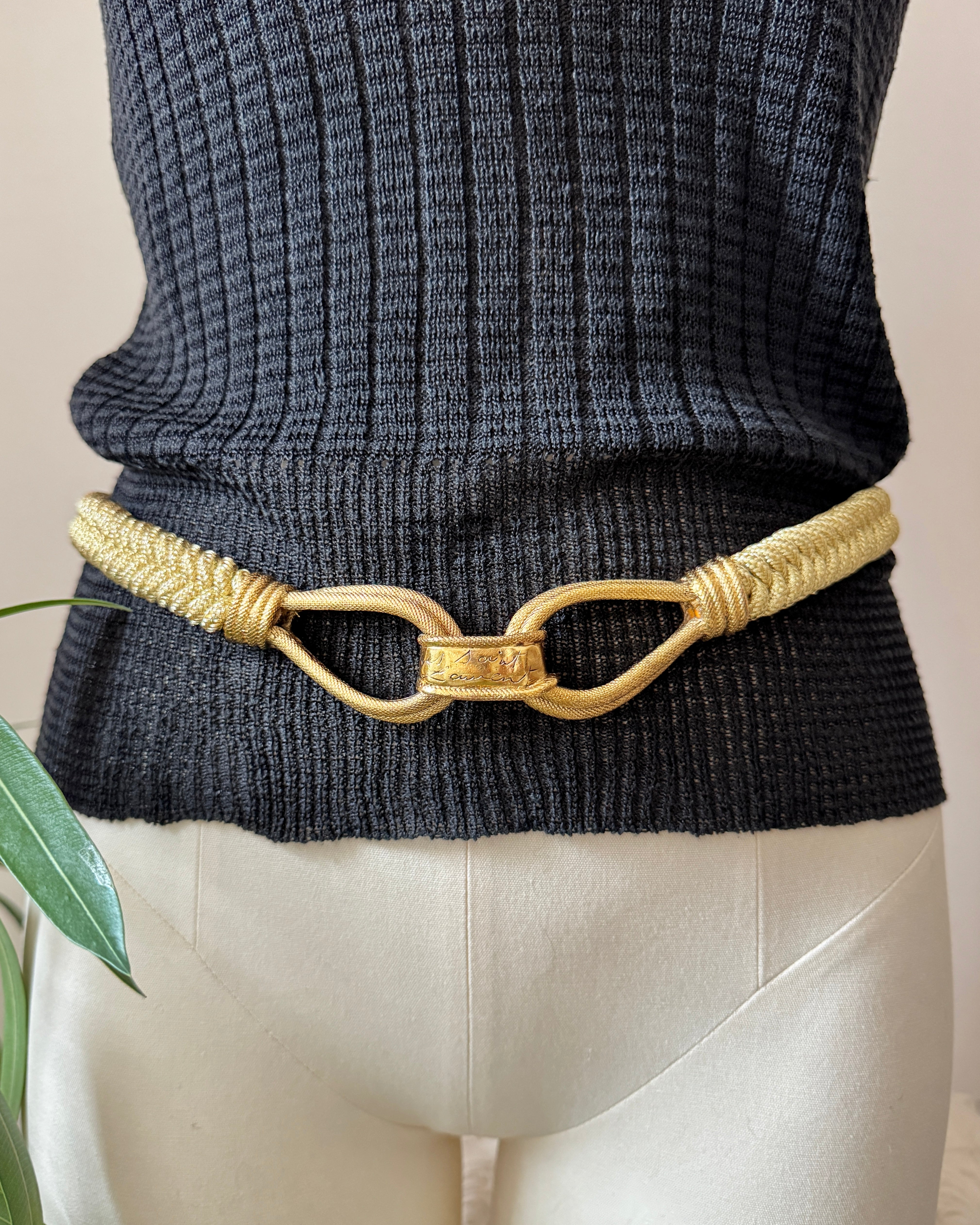Vintage 1980s YSL Yves Saint Laurent Gold Braided Belt with Signed Metal Loop Buckle Made in France