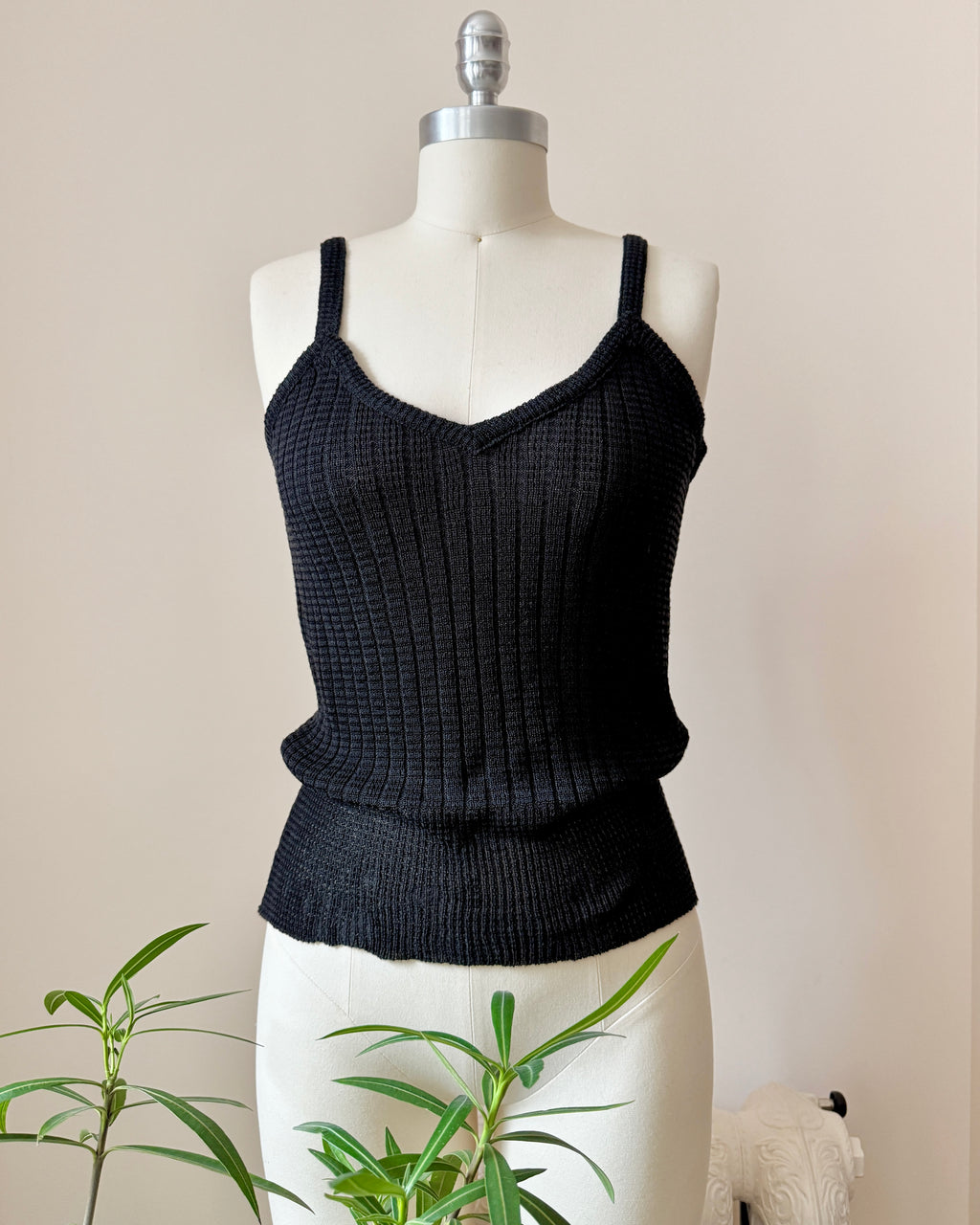 Vintage 1970s Missoni Black Knit Rib Viscose VNeck Tank Top With Rib Hem