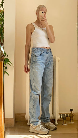 Vintage 1990s Levis 516 Distressed Red Tab Jeans Slim Fit Straight Stove Pipe Leg Light Wash size 33