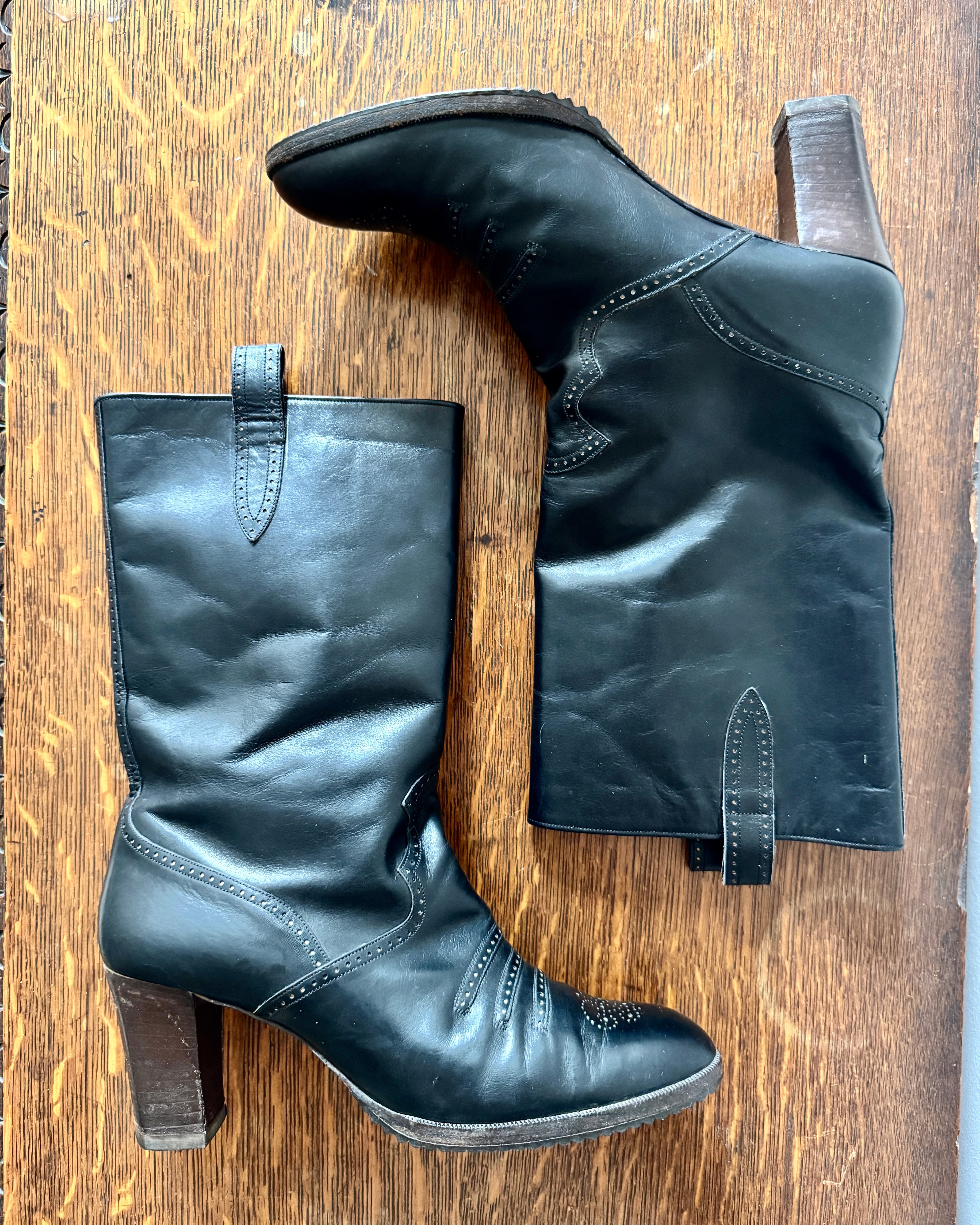 Vintage 1970s YSL Yves Saint Laurent Black High Heel Stacked Booties With Brogue Details Size 8.5 Made in Italy
