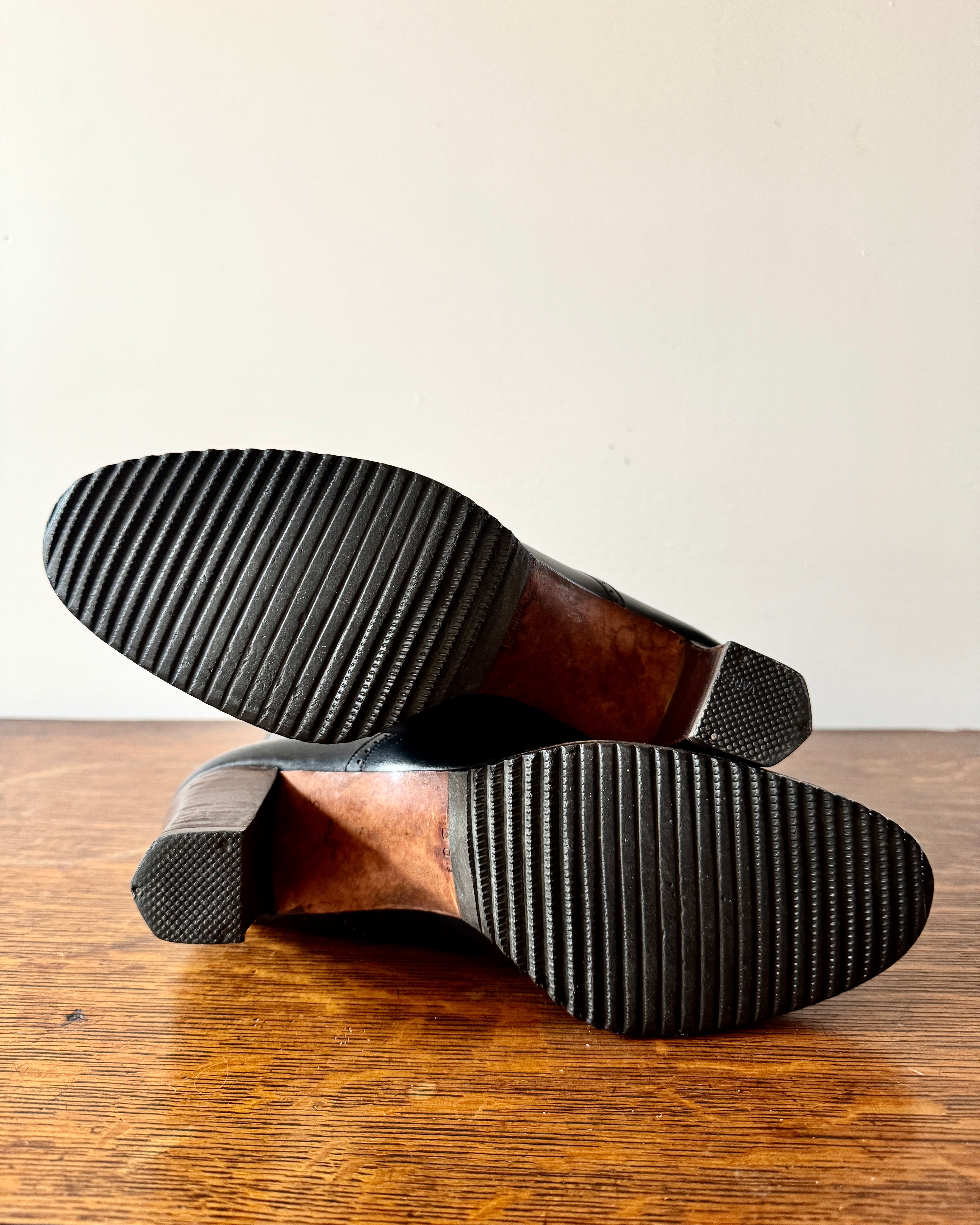Vintage 1970s YSL Yves Saint Laurent Black High Heel Stacked Booties With Brogue Details Size 8.5 Made in Italy