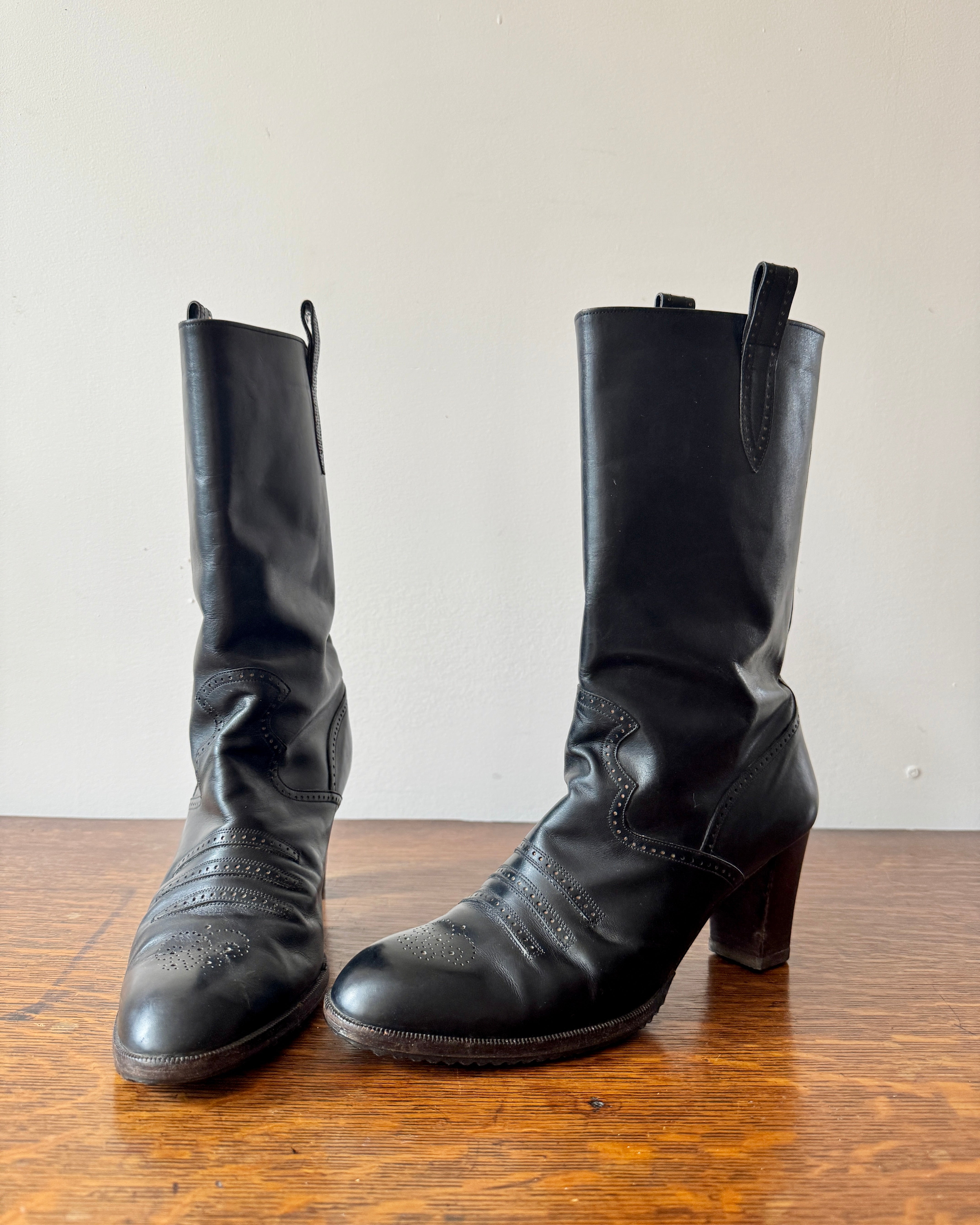 Vintage 1970s YSL Yves Saint Laurent Black High Heel Stacked Booties With Brogue Details Size 8.5 Made in Italy