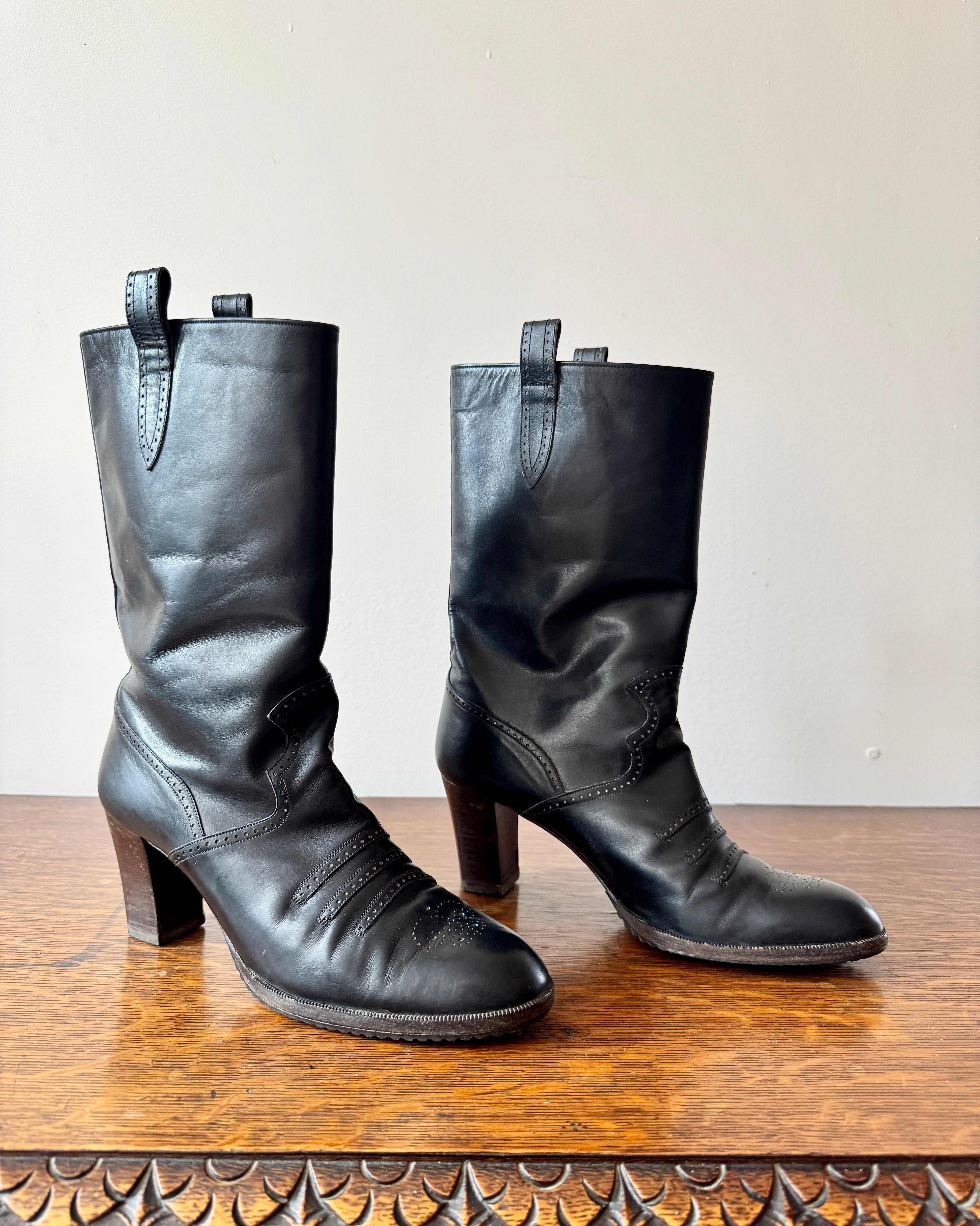 Vintage 1970s YSL Yves Saint Laurent Black High Heel Stacked Booties With Brogue Details Size 8.5 Made in Italy