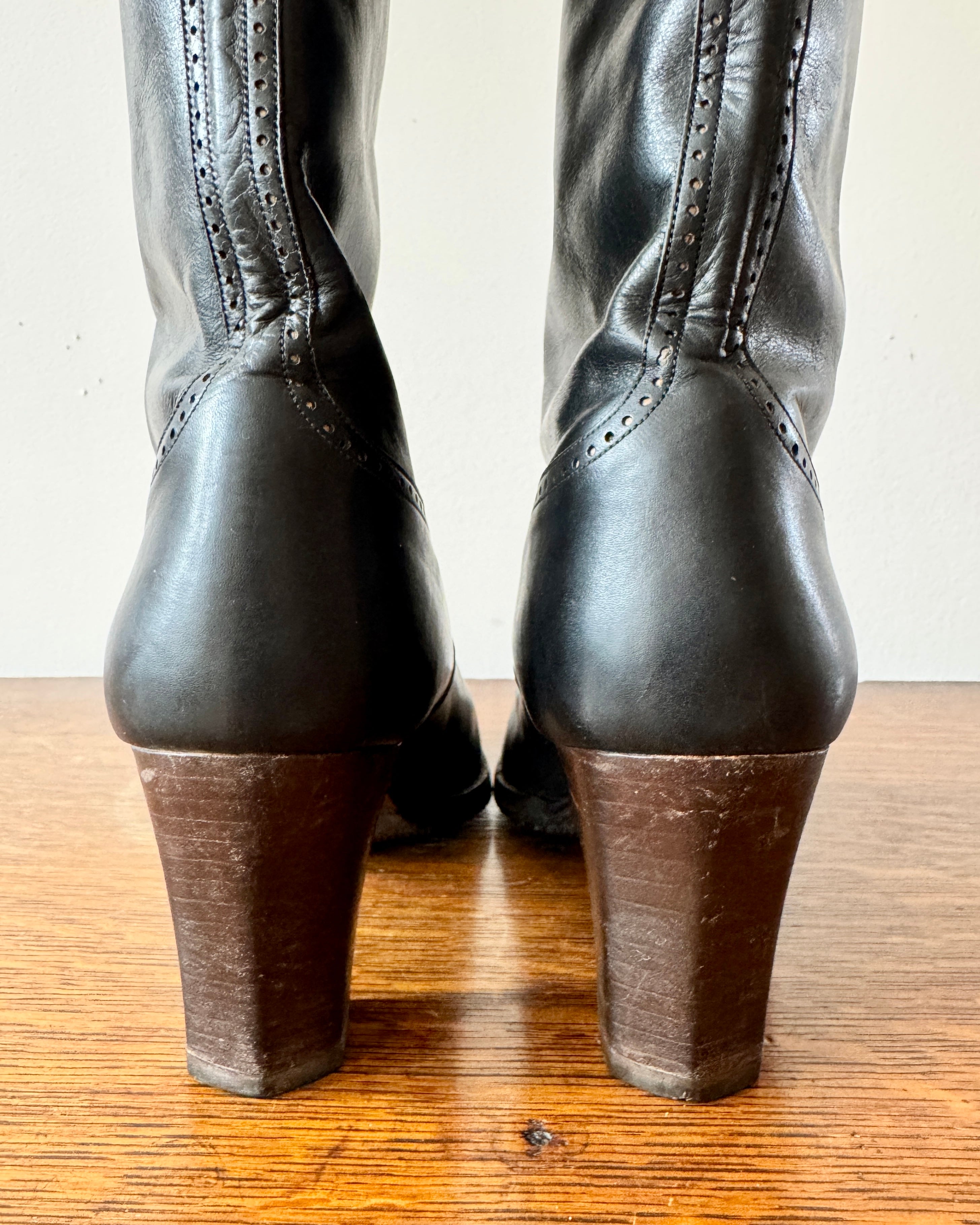 Vintage 1970s YSL Yves Saint Laurent Black High Heel Stacked Booties With Brogue Details Size 8.5 Made in Italy