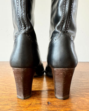 Vintage 1970s YSL Yves Saint Laurent Black High Heel Stacked Booties With Brogue Details Size 8.5 Made in Italy