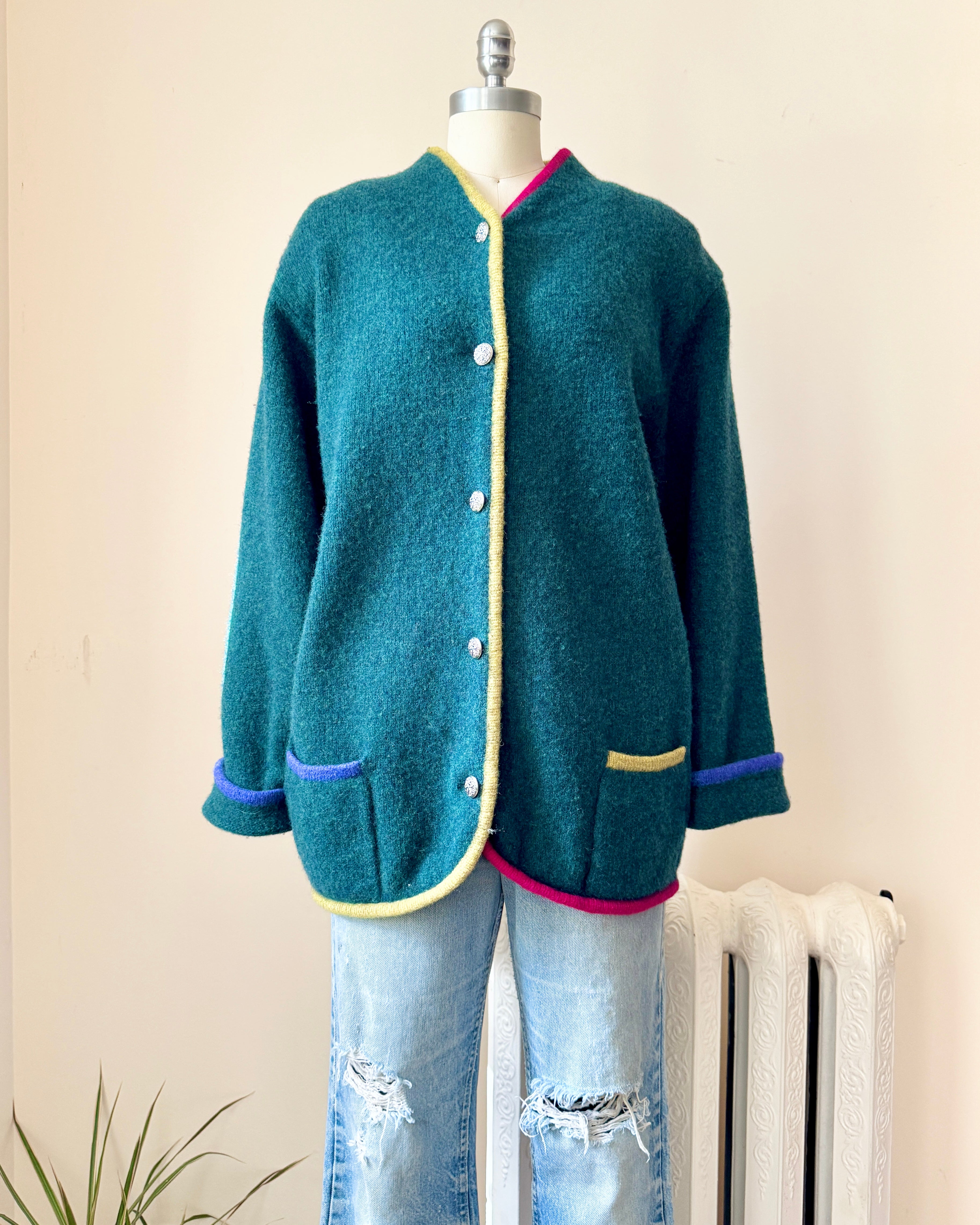 Vintage Shetland Wool Knit Green United Colors Of Benetton Color Blocked Sweater Cardigan Jacket  M L