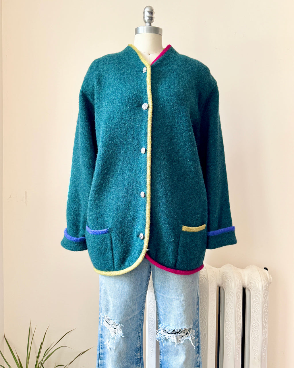 Vintage Shetland Wool Knit Green United Colors Of Benetton Color Blocked Sweater Cardigan Jacket  M L