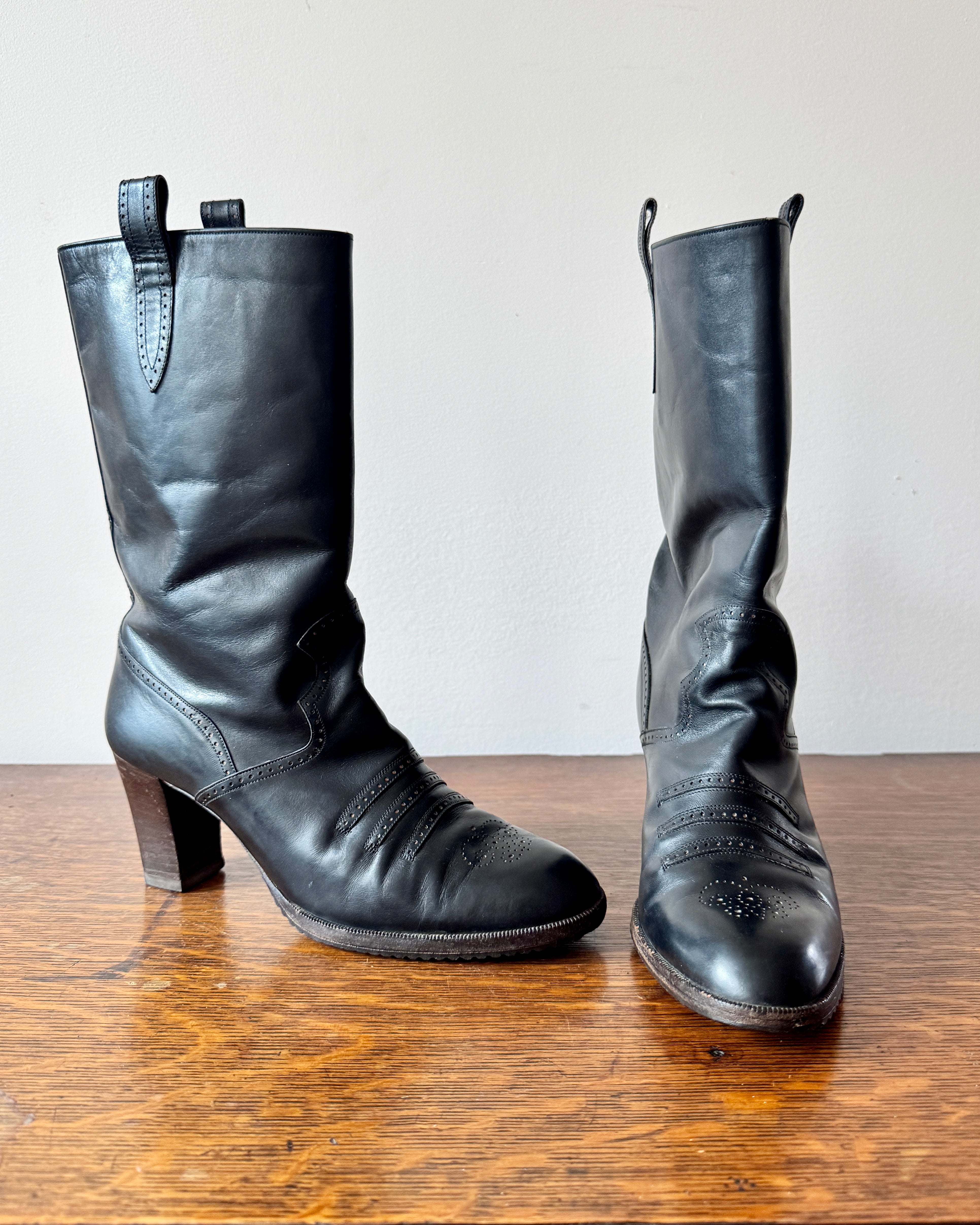 Vintage 1970s YSL Yves Saint Laurent Black High Heel Stacked Booties With Brogue Details Size 8.5 Made in Italy