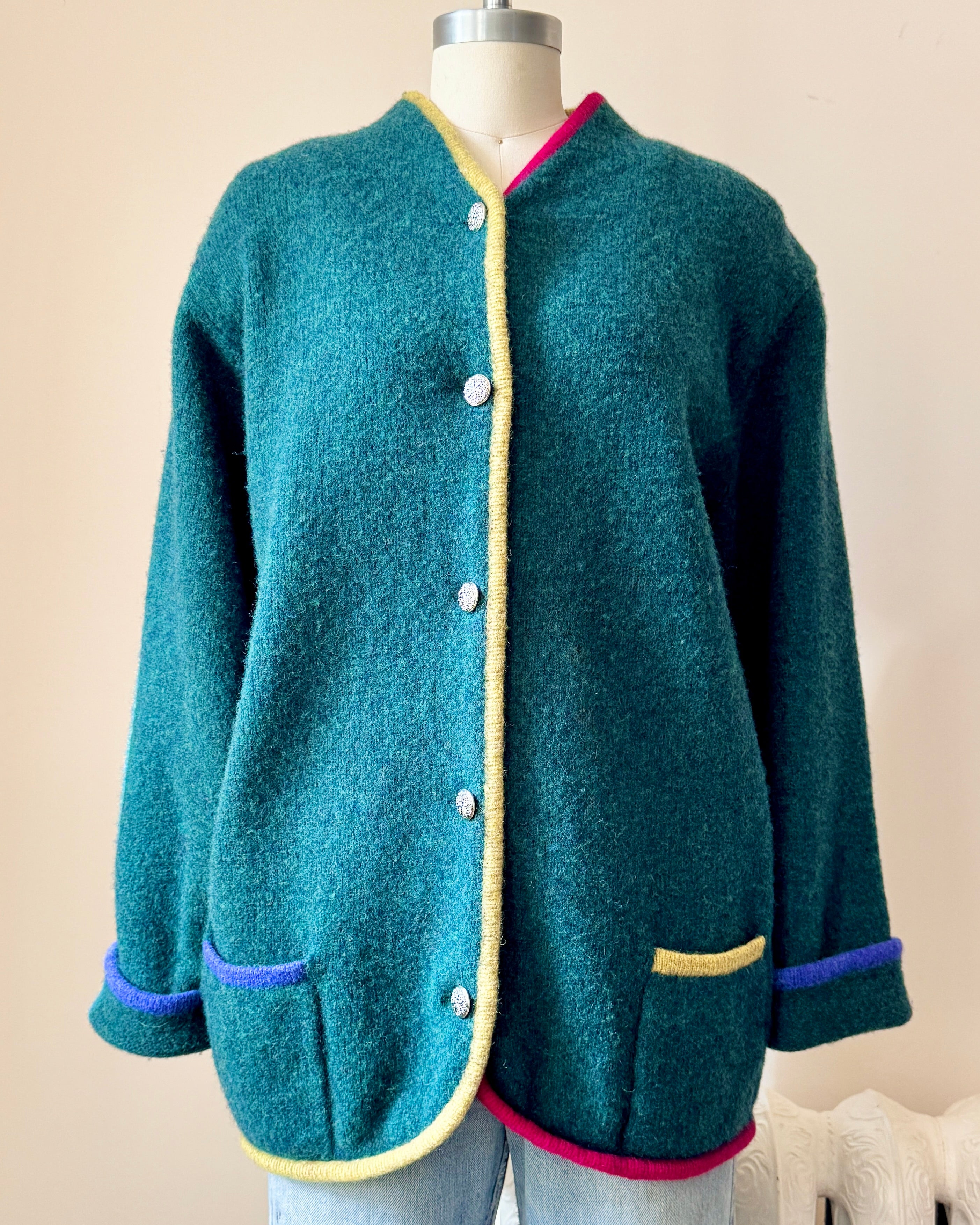 Vintage Shetland Wool Knit Green United Colors Of Benetton Color Blocked Sweater Cardigan Jacket  M L