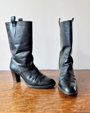 Vintage 1970s YSL Yves Saint Laurent Black High Heel Stacked Booties With Brogue Details Size 8.5 Made in Italy