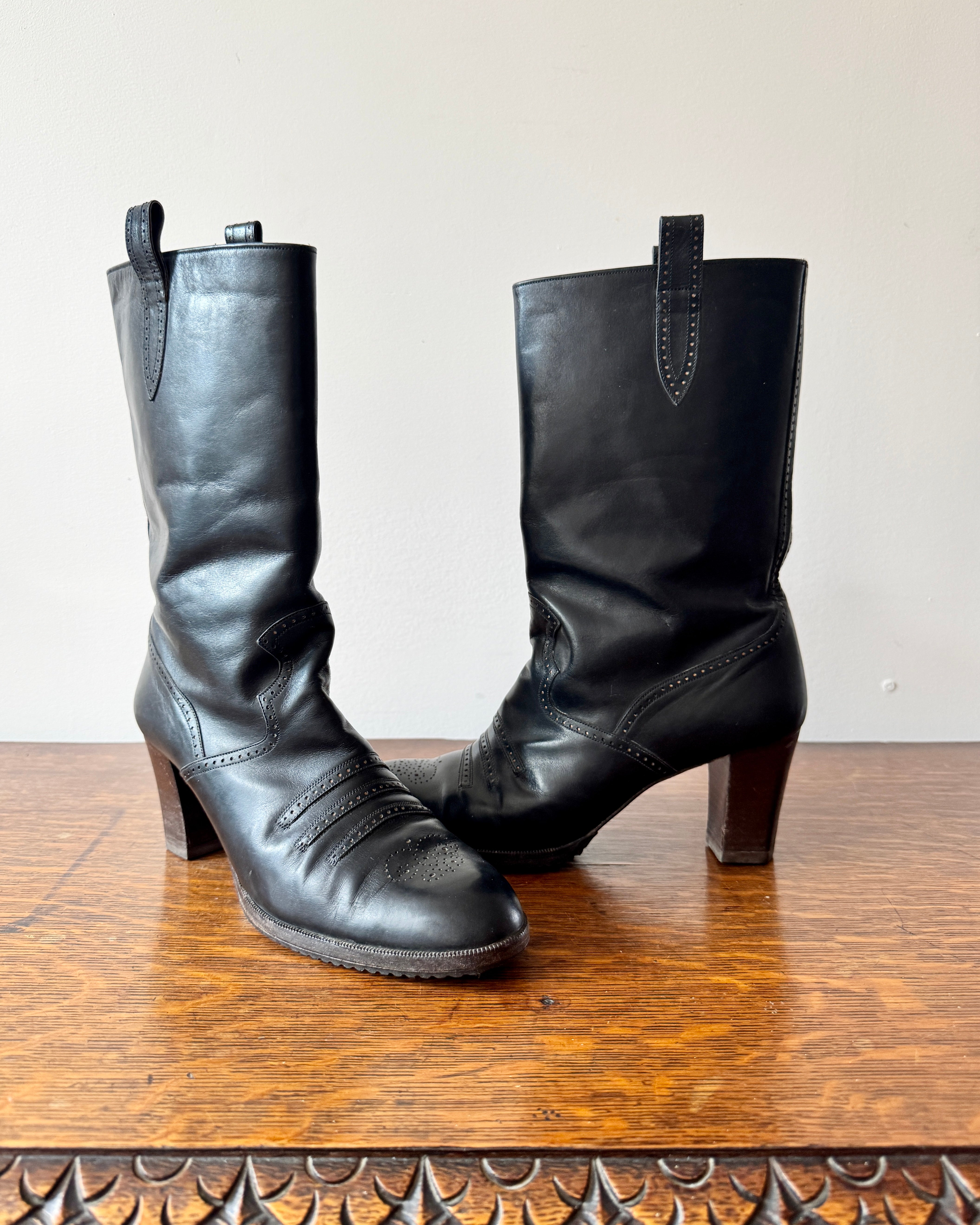 Vintage 1970s YSL Yves Saint Laurent Black High Heel Stacked Booties With Brogue Details Size 8.5 Made in Italy