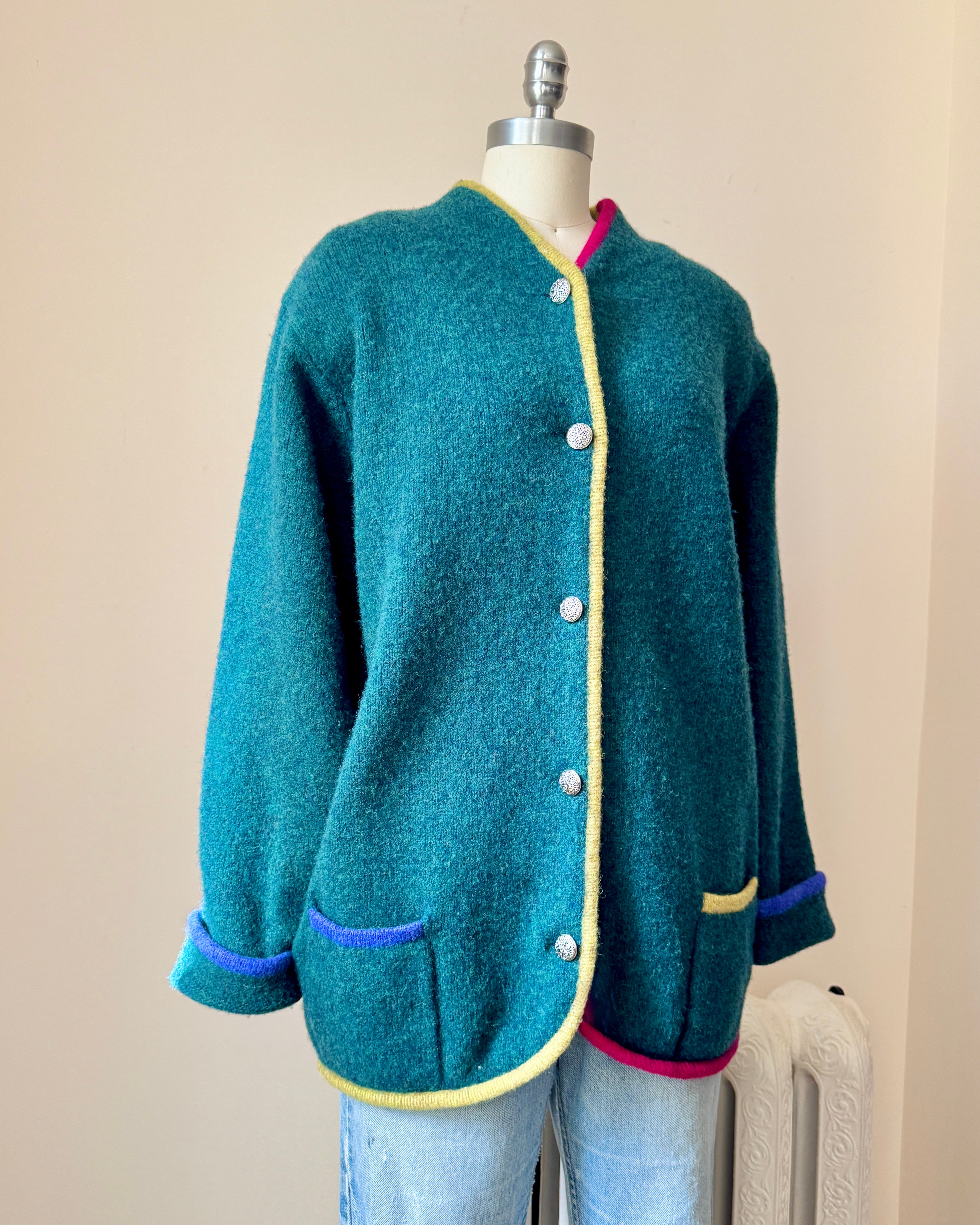 Vintage Shetland Wool Knit Green United Colors Of Benetton Color Blocked Sweater Cardigan Jacket  M L