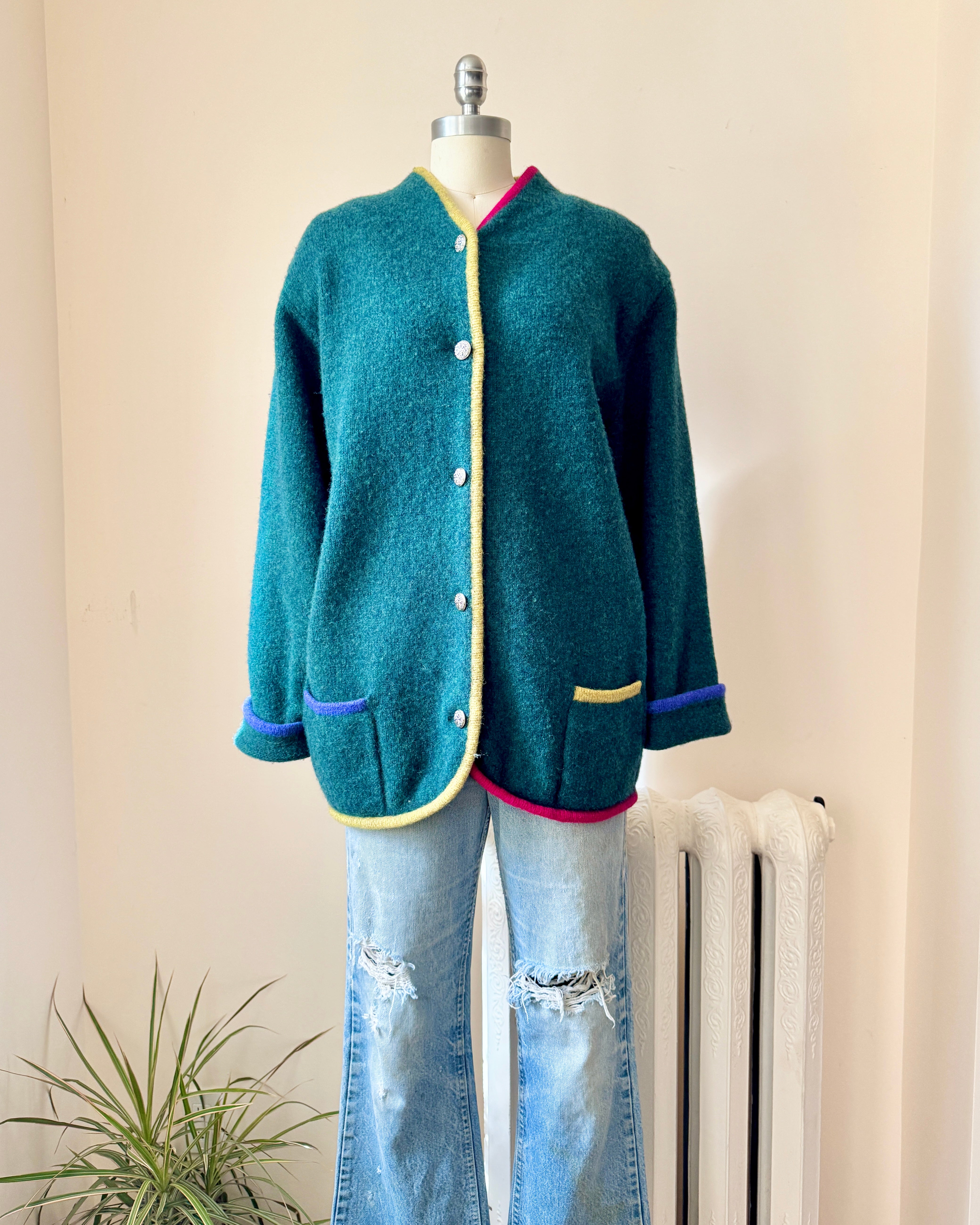 Vintage Shetland Wool Knit Green United Colors Of Benetton Color Blocked Sweater Cardigan Jacket  M L